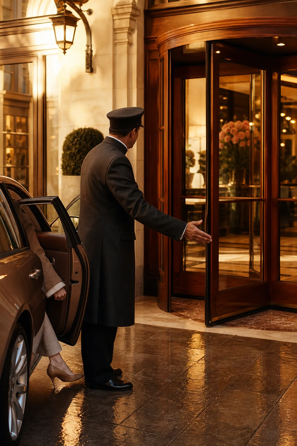 A discreet hotel arrival handled in warm evening light