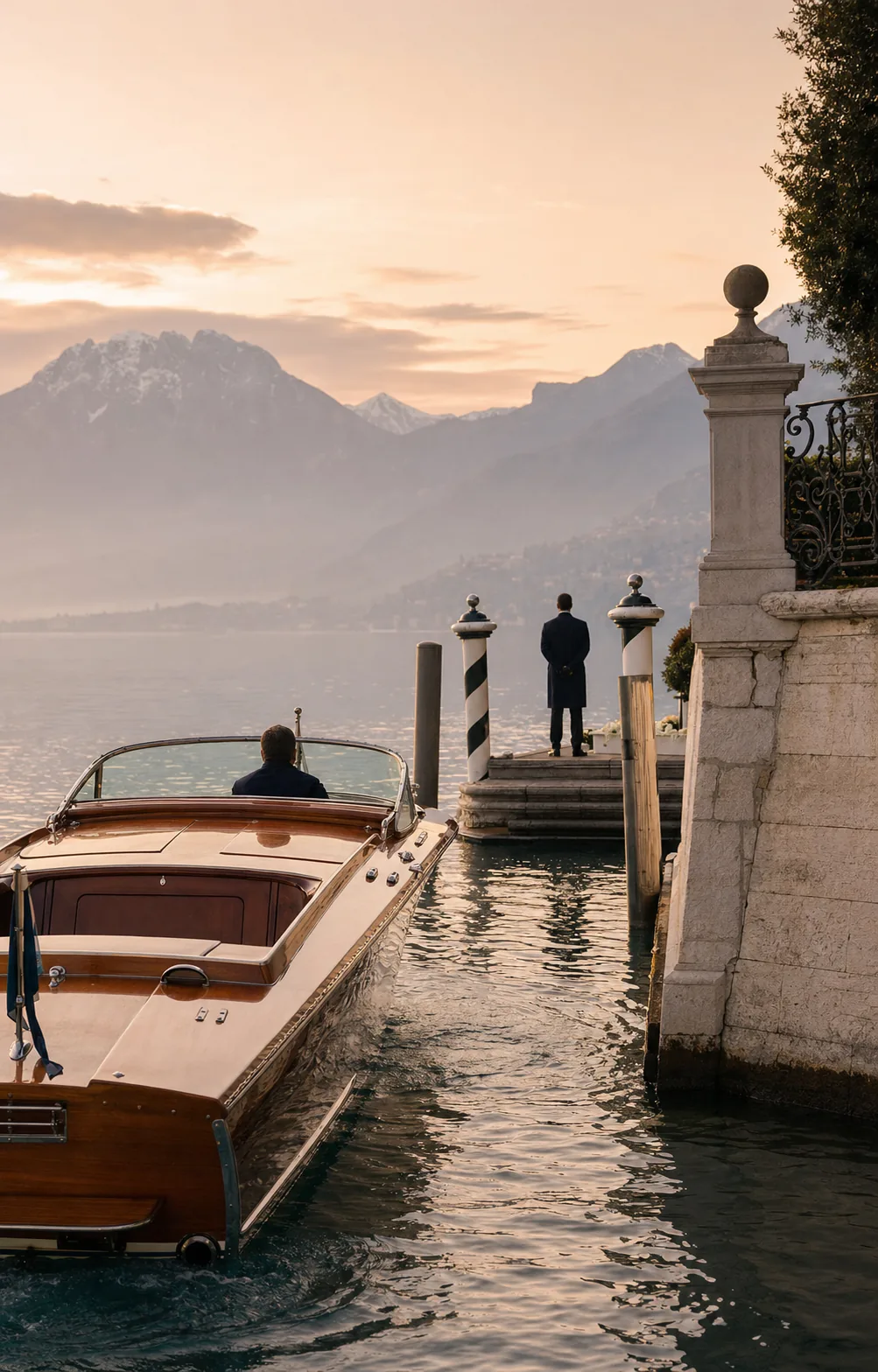 A private wooden launch arriving at a Lake Geneva hotel landing