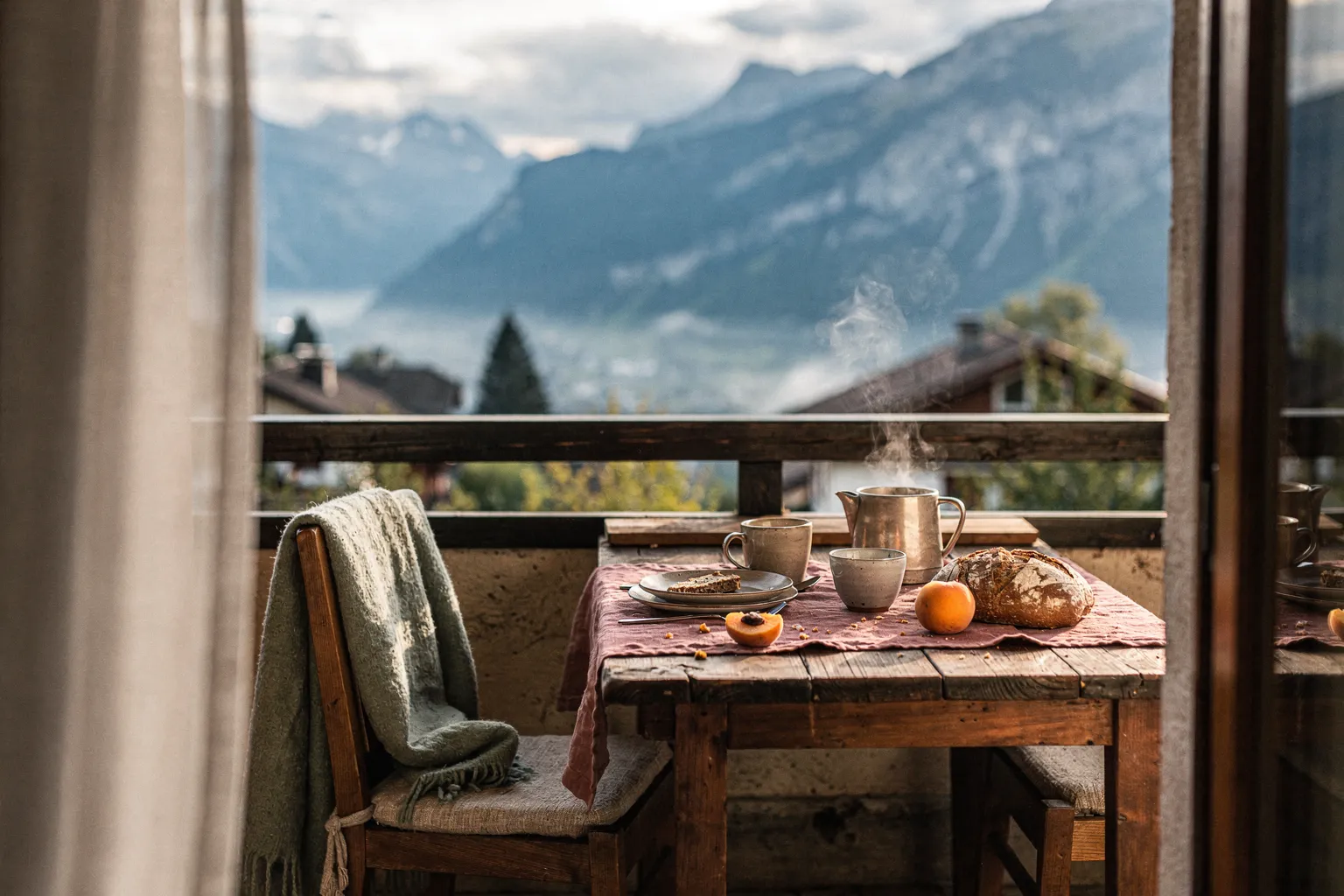 An alpine breakfast terrace prepared for private guests