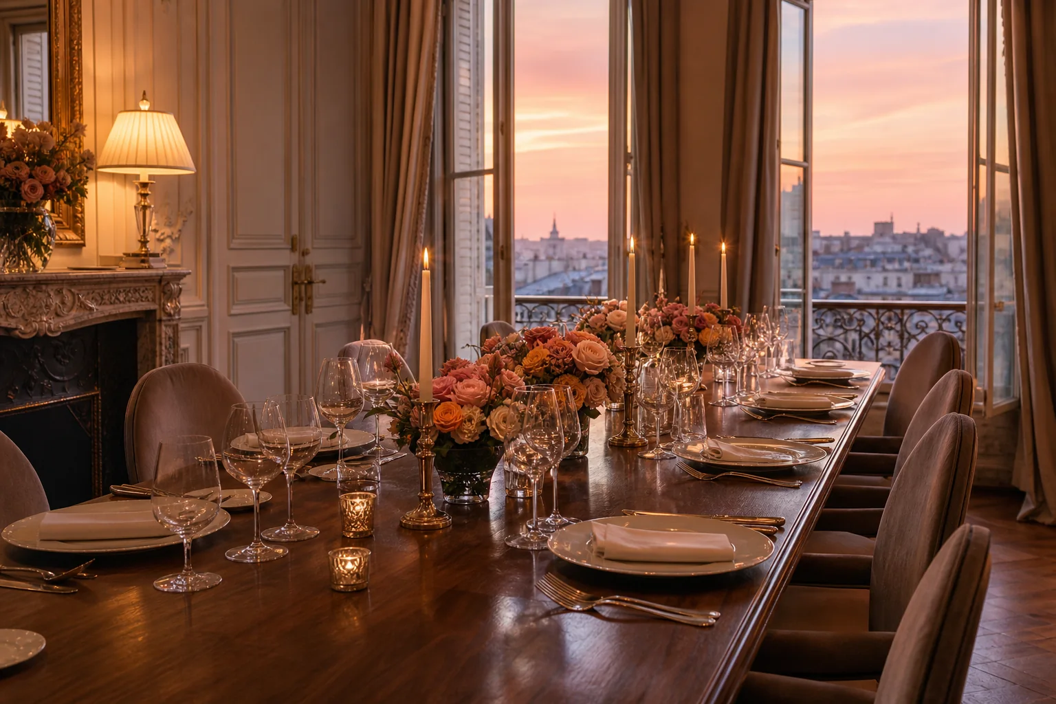 A warm private dining room prepared for an event